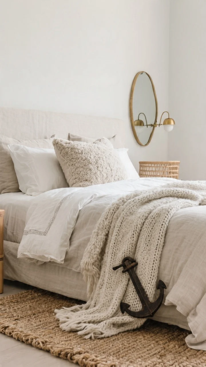 Detail closeup of layered textures within a tight neutral palette: linen duvet, nubby knit throw, bouclé pillow, and a jute/wool rug edge; include a touch of light oak or rattan accent and a soft-sheen brass sconce or mirror rim to balance matte fabrics; three-color rule visible (main neutral walls, soft accent bedding, dark metal anchor)