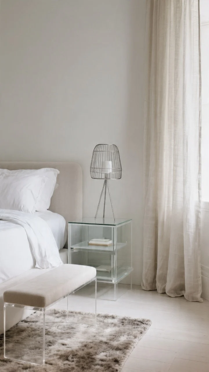 Detail-focused vignette using airy materials: a nearly invisible lucite side table beside the bed, an open-base bench showing floor space, a wire-frame lamp with slim metal legs, and a small glass-front cabinet (tidy interior) that adds depth; balanced with sheer curtains, linen bedding, and a wool rug to keep it soft and not showroom-stark