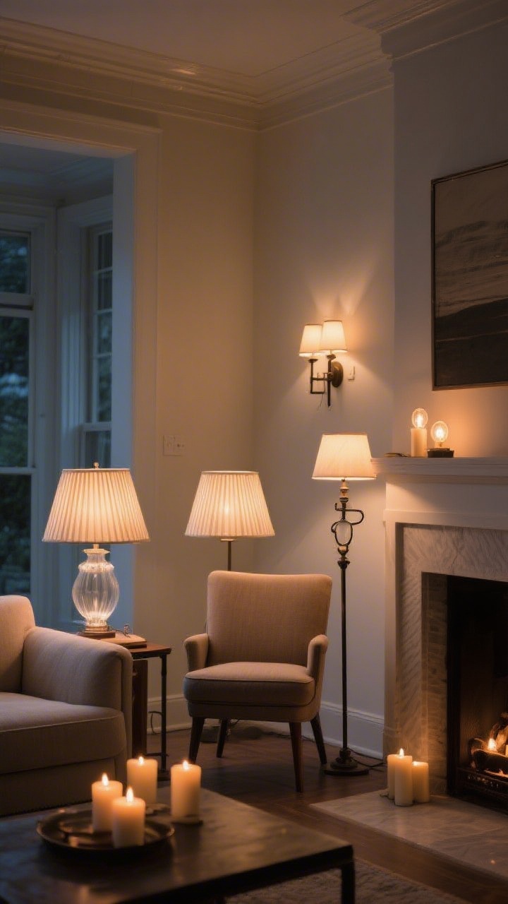 Detail/medium hybrid: A layered lighting scene with lamps, not overheads—matching table lamps with pleated shades on either side of a sofa, a pharmacy-style floor lamp by a reading chair, and a pair of plug-in sconces dimmed warm. Bulbs glow at 2700–3000K, frosted shades soften the light. A few candles flicker on a mantel for added warmth. Focus on the pleated shade texture and the soft pools of light, captured in low evening ambient conditions. Straight-on framing across the sofa wall.