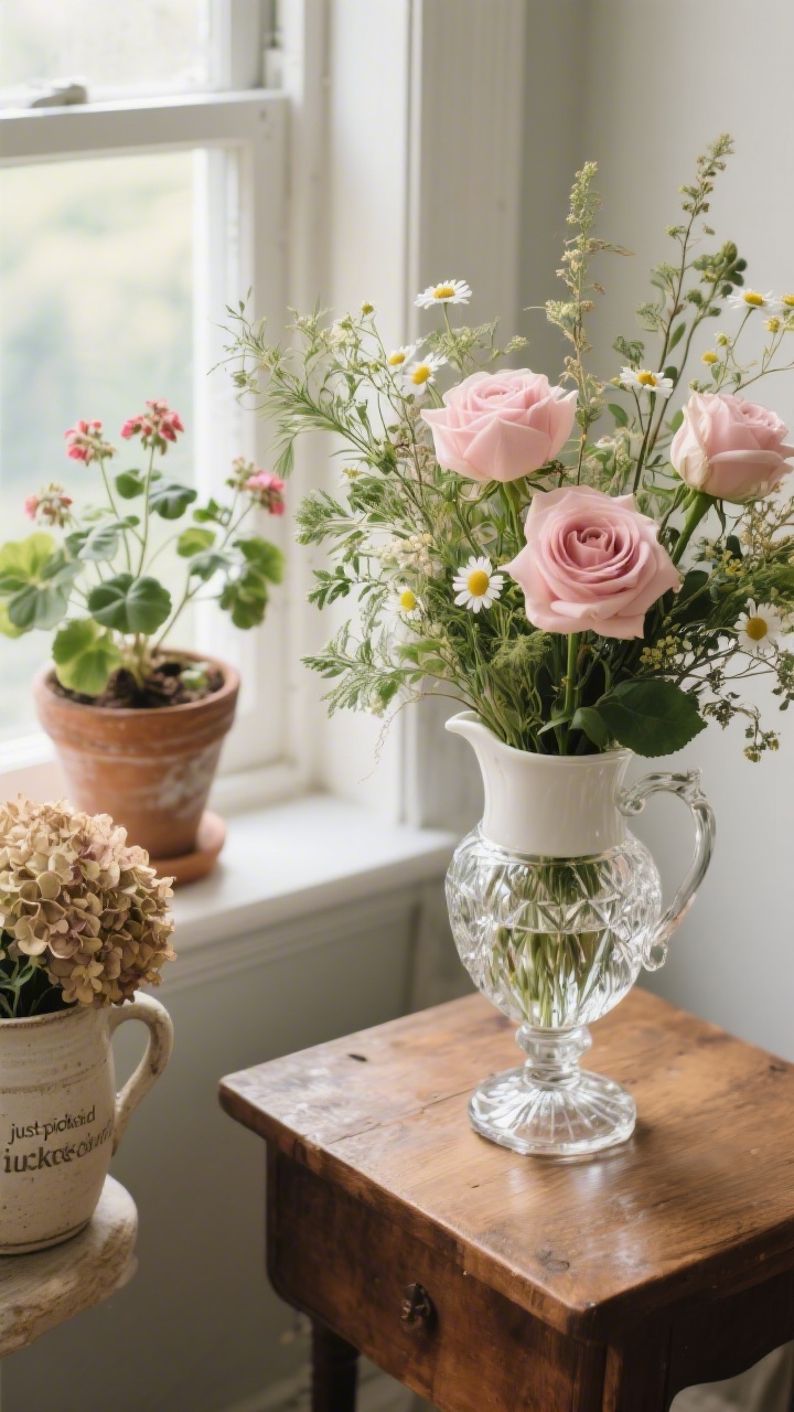 Detail shot: A relaxed floral arrangement styled “just-picked”—pale pink roses mixed with wild greenery and chamomile in a vintage cut-glass vase on a wooden side table. Nearby, a crock holds dried hydrangeas, and a windowsill hosts a potted geranium. Alternate vignette: grocery-store blooms transferred into a white ceramic pitcher. Soft morning light with visible leaf texture and water reflections. Overhead angle slightly offset to showcase stems and vessel details.