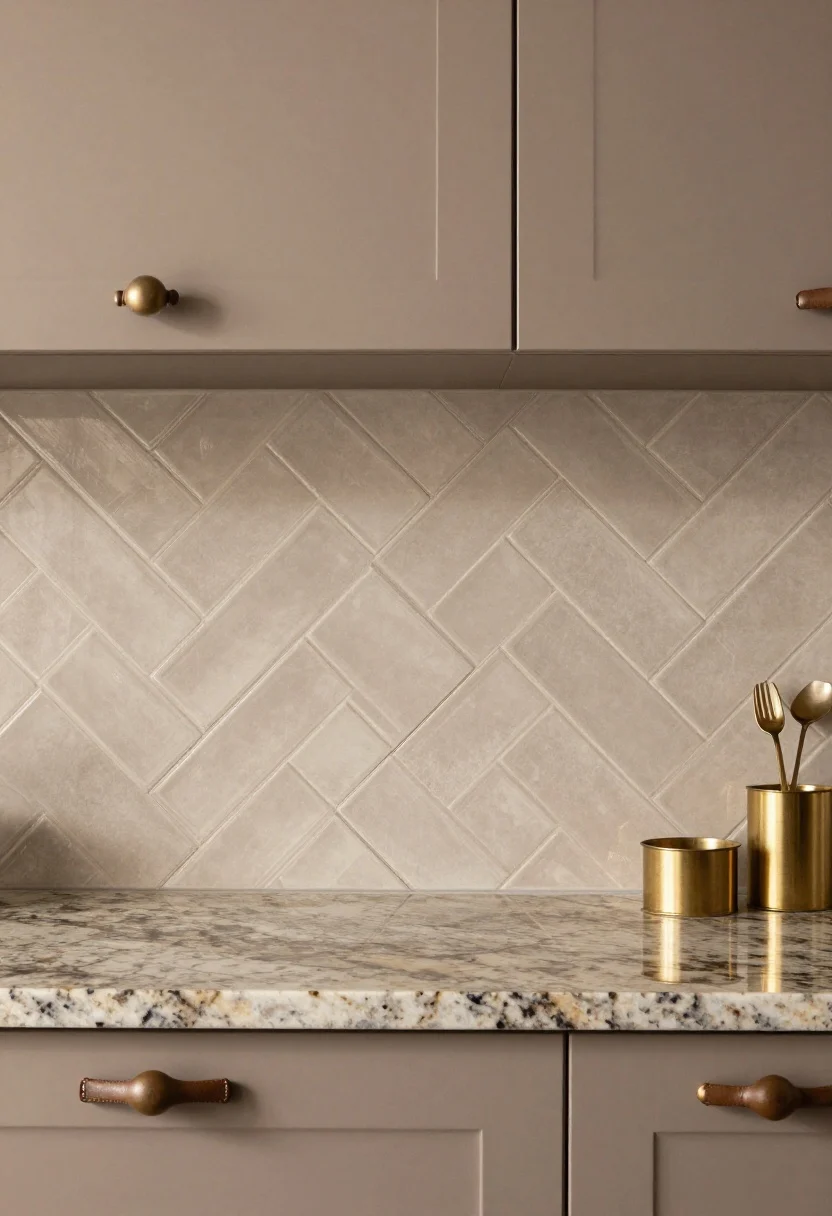 Detail-to-medium shot of a glossy herringbone backsplash in soft taupe/café au lait using 2x6 rectangular ceramic tiles, grout closely matched for a tailored, elevated look. The herringbone pattern rises behind the counter, echoing movement that complements the Fantasy Brown granite. Include warm metal accents—leathered taupe cabinet pulls and a small brushed brass utensil holder. Lighting is warm and slightly directional to add subtle sheen without harsh reflections.