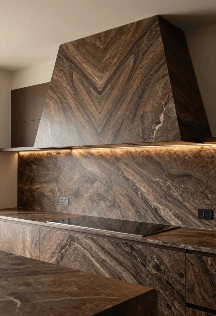 Dramatic wide shot of a full-height Fantasy Brown granite slab backsplash behind a range and hood, perfectly aligned with matching Fantasy Brown countertops. If visible, the upper portion shows a bookmatched center seam forming a mirrored veining pattern, turning the wall into an art-like focal point. Outlets are concealed as under-cabinet strip outlets to keep the slab uninterrupted; the countertop edge profile matches the slab return. Warm ambient and under-cabinet lighting enhance the stone’s veining for a luxurious gallery-like feel.