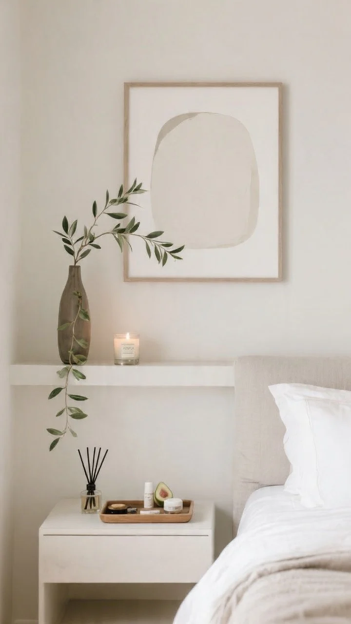 Medium, calming bedside vignette: large-scale art with negative space in a minimal frame, a single living plant (trailing pothos on a shelf or slim olive-style branch in a tall vase), a reed diffuser or single candle with soft scents like neroli/fig/cedar, and a small bedside tray corralling essentials; uncluttered, serene mood with soft natural light