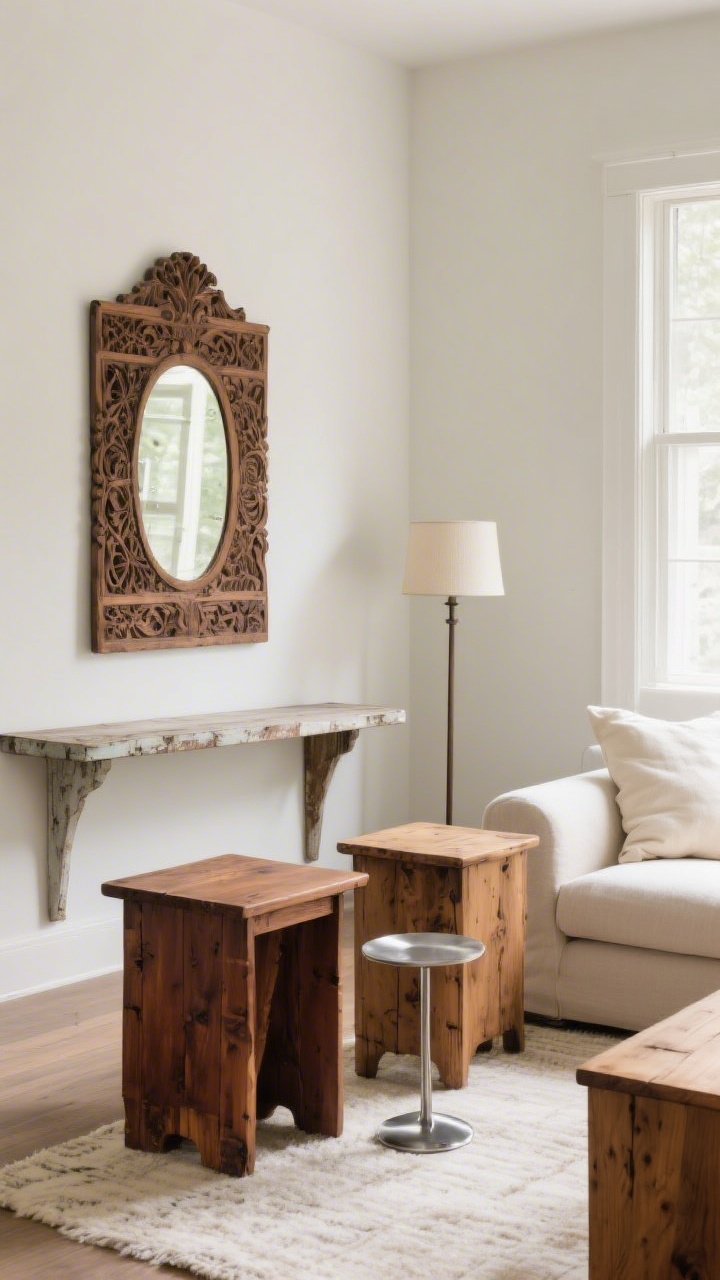 Medium shot: A balanced mix of vintage wood elements—two mismatched but tone-related antique end tables (warm walnut and medium oak) flanking a sofa, plus a carved wood mirror above a slim weathered console. The wood shows subtle patina and grain. Lighter textiles (cream linen pillows, pale rug) and a sleek, modern metal side table keep the scene from feeling heavy. Soft daylight with a touch of lamp glow. Shot at eye-level from a corner to highlight the interplay of aged wood and airy fabrics.