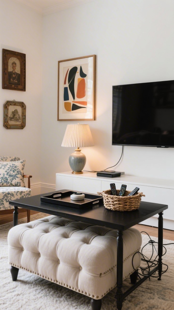 Medium shot: A fresh, balanced mix of grandma chic with modern edits—a streamlined black coffee table tray corrals a few essentials on a tufted ottoman; a contemporary ceramic lamp base pairs with a pleated shade; a single bold abstract artwork hangs among vintage pieces. A frame TV displays art mode, remotes tucked in a woven basket, and cables hidden. The scene reads crisp, not fussy, with warm lamplight and clean lines offsetting traditional textiles. Straight-on view for a tidy, editorial feel.