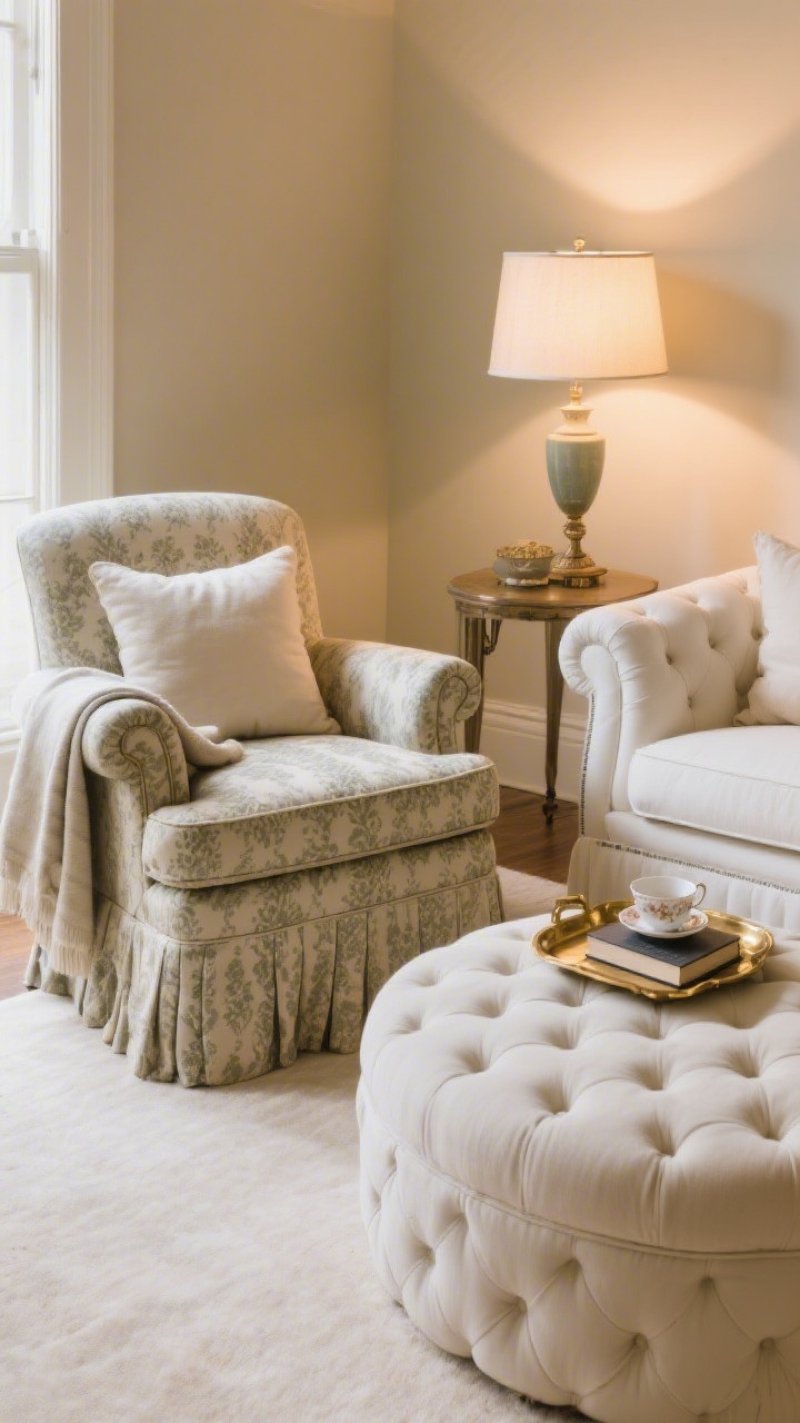 Medium shot: An inviting seating vignette with an English roll arm chair in a vintage-inspired performance fabric, paired with a skirted sofa in soft ivory. A tufted ottoman doubles as a coffee table, topped with a classic brass tray holding a teacup and book. Plush back cushions and a folded throw drape over the chair arm. Gentle, warm lamp light creates a reading-friendly glow, highlighting rolled arms, tufting, and the tailored skirt. Shot from a slight corner angle to emphasize curves and comfort.
