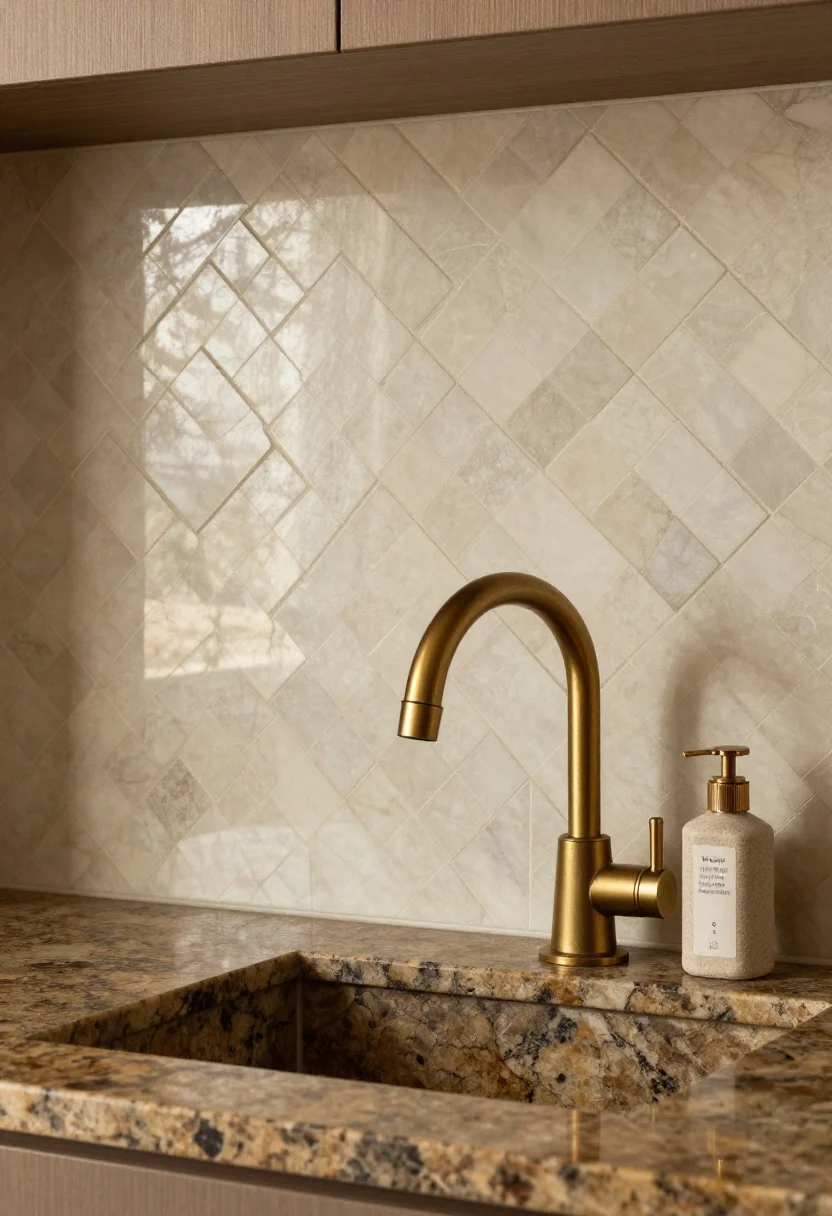 Medium shot of a backsplash composed of small-format honed marble mosaics (hex and mini herringbone mix) with creamy undertones, set behind Fantasy Brown granite countertops. The honed finish diffuses light to reduce glare, and the subtle veining reads as quiet luxury. Style with warm metals—brushed brass or champagne bronze faucet and knobs—and include a stone sealer bottle and a neutral stone-safe cleaner on the counter. Lighting is warm and soft for a “soft glam” ambiance.