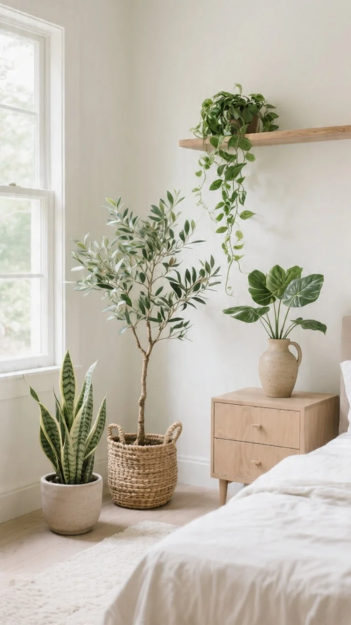 Medium shot of a bedroom corner styled with easy-care greenery: a dwarf olive tree in a neutral pot by a bright window, a snake plant on the floor in a woven basket, a pothos trailing from a floating shelf, and a ZZ plant on a dresser; optional high-quality faux stems in a ceramic jug on the dresser; soft natural light, fresh and verdant, clean walls and light textiles.