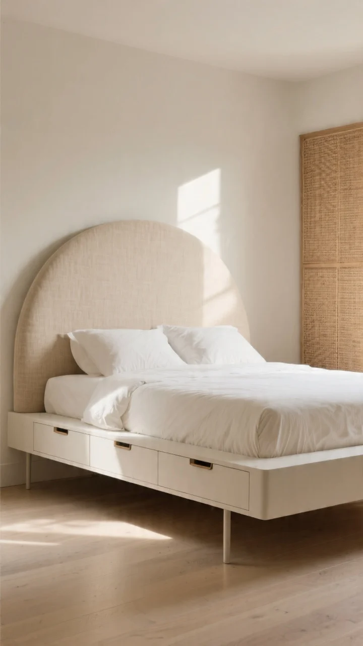 Medium shot of a visually floating bed: low-profile platform with slim legs revealing floor, upholstered half-moon headboard in natural linen, recessed drawer pulls on a storage platform base; 3–4 inches of visible shadow gap between bed and side walls; cane accent detail; warm morning light; uncluttered floor and open sightlines