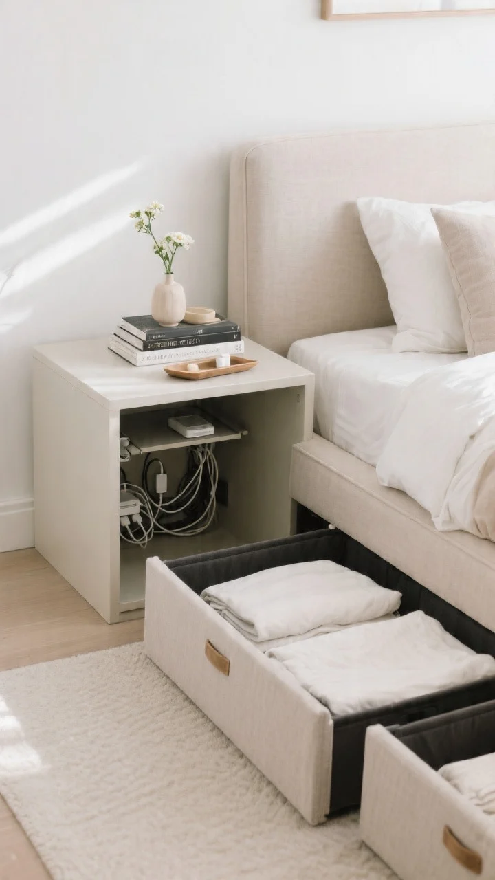 Medium shot of multifunctional storage: a soft-top storage bench at the foot of the bed holding linens, a lift-top nightstand hiding cords and chargers, neatly styled surface with a short book stack, tiny bud vase, and tray; low-profile fabric-sided underbed boxes partially visible; bright, serene mood