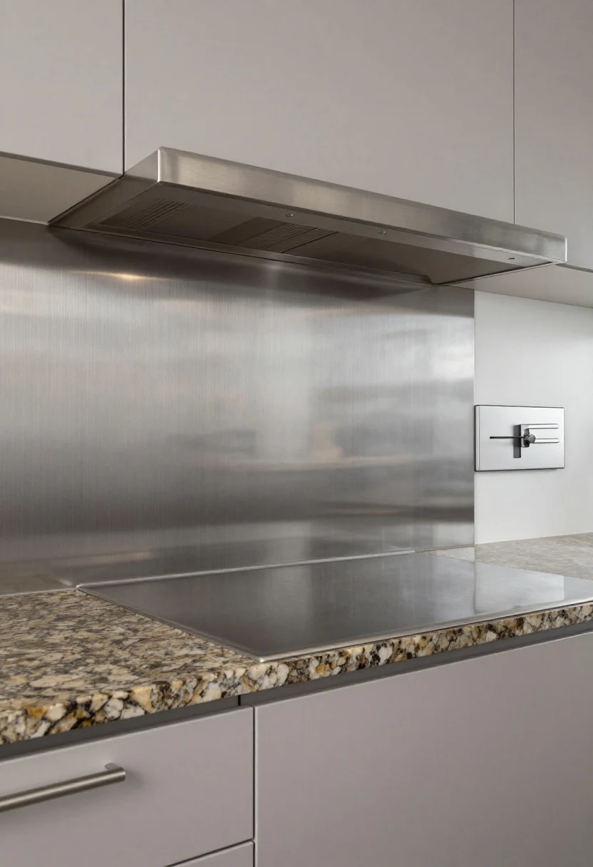 Medium, straight-on shot focused on a brushed stainless backsplash panel behind a range, extending across a short run, paired with Fantasy Brown granite countertops. The brushed finish softly reflects light without glare; no mirror polish. Surrounding elements include flat-front cabinetry, streamlined pulls, and a stainless hood. Include a small magnetic panel section with a minimalist utensil magnetized to it. Lighting is crisp and even for a modern, chef-style vibe.