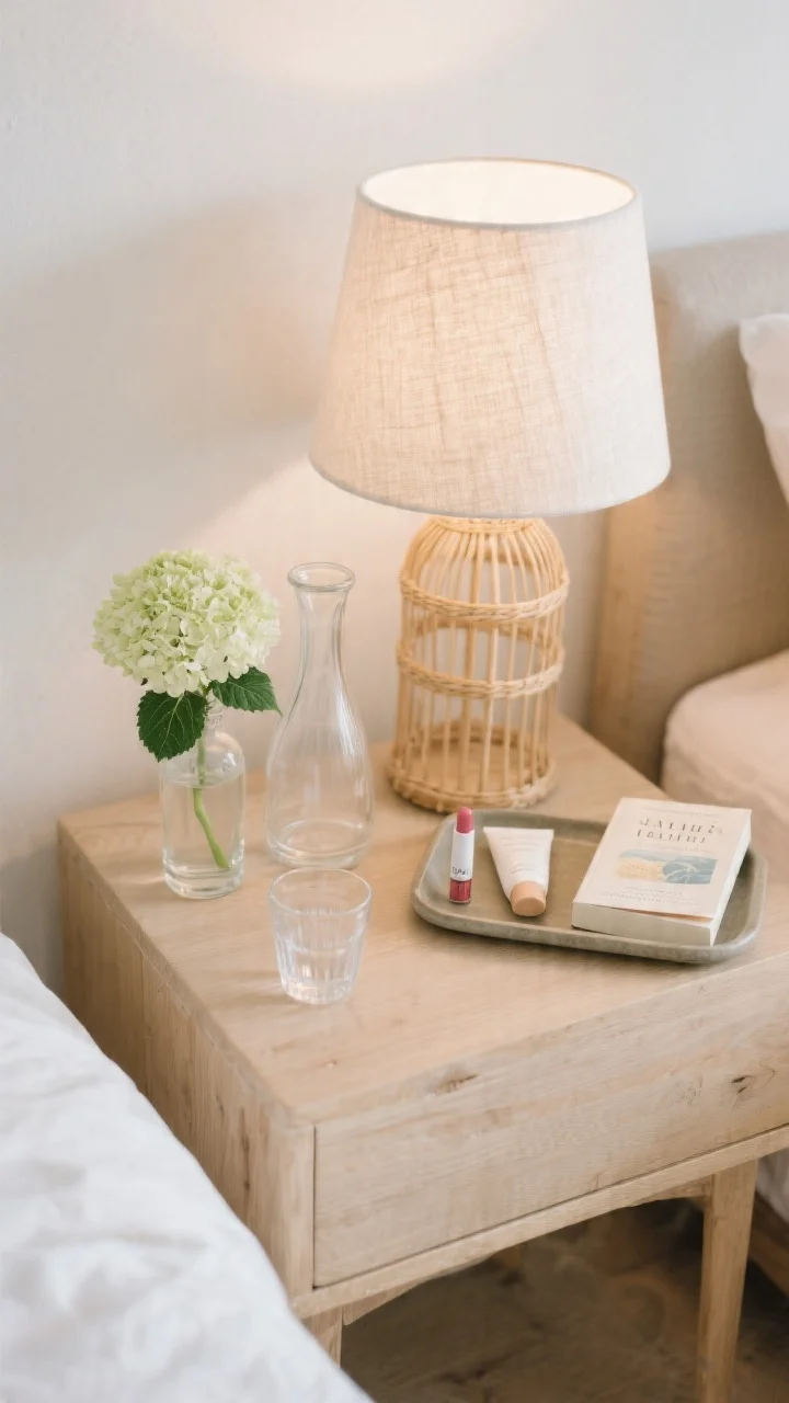 Overhead detail shot of a pared-back summer nightstand: one clear glass or rattan-based lamp with a light linen shade casting a gentle glow, a simple glass carafe with matching tumbler, a tiny bud vase holding a single hydrangea stem, and a small tray corralling lip balm, hand cream, and a favorite paperback; uncluttered surface on light wood, breezy and minimal.