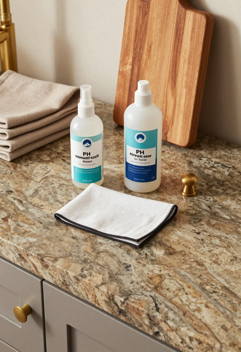 Overhead detail shot styled on a Fantasy Brown granite counter: a microfiber cloth beside a small bottle of pH-neutral cleaner labeled for stone, a grout sealer, and a gentle metal-safe cleaner, representing maintenance tips. Include a warm wood cutting board, a folded taupe runner swatch, and a brass knob to echo suggested metals and quick styling wins. Soft, warm daylight highlights the granite’s swirls and the textures of wood and textiles, no people present.