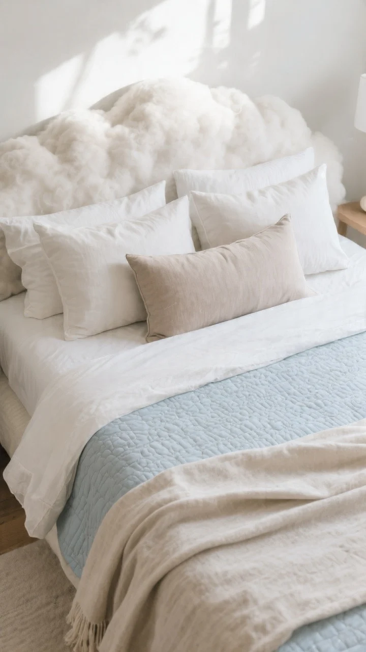 Overhead shot of a “cloud” bed styling: crisp percale or washed linen sheets in pale sand/whisper blue/gray-mushroom, a light duvet layered with a textured quilt, two sleeping pillows, two euro shams, one long lumbar pillow; a breathable cotton or linen throw draped lightly; bright, airy morning light; lean and plush at once