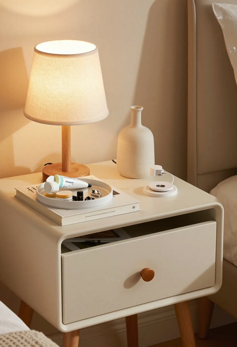 Photorealistic closeup detail shot of a thoughtfully styled nightstand: compact nightstand with a drawer, a small tray corralling hand cream, lip balm, and jewelry; one book on top with others tucked inside; a mini lamp with a fabric shade, a coaster, and one personal decor item (tiny vase with a stem or a framed photo); discreet cable clip at the back guiding a single multi-port charger; warm, dimmed lighting, clean surfaces, no people.