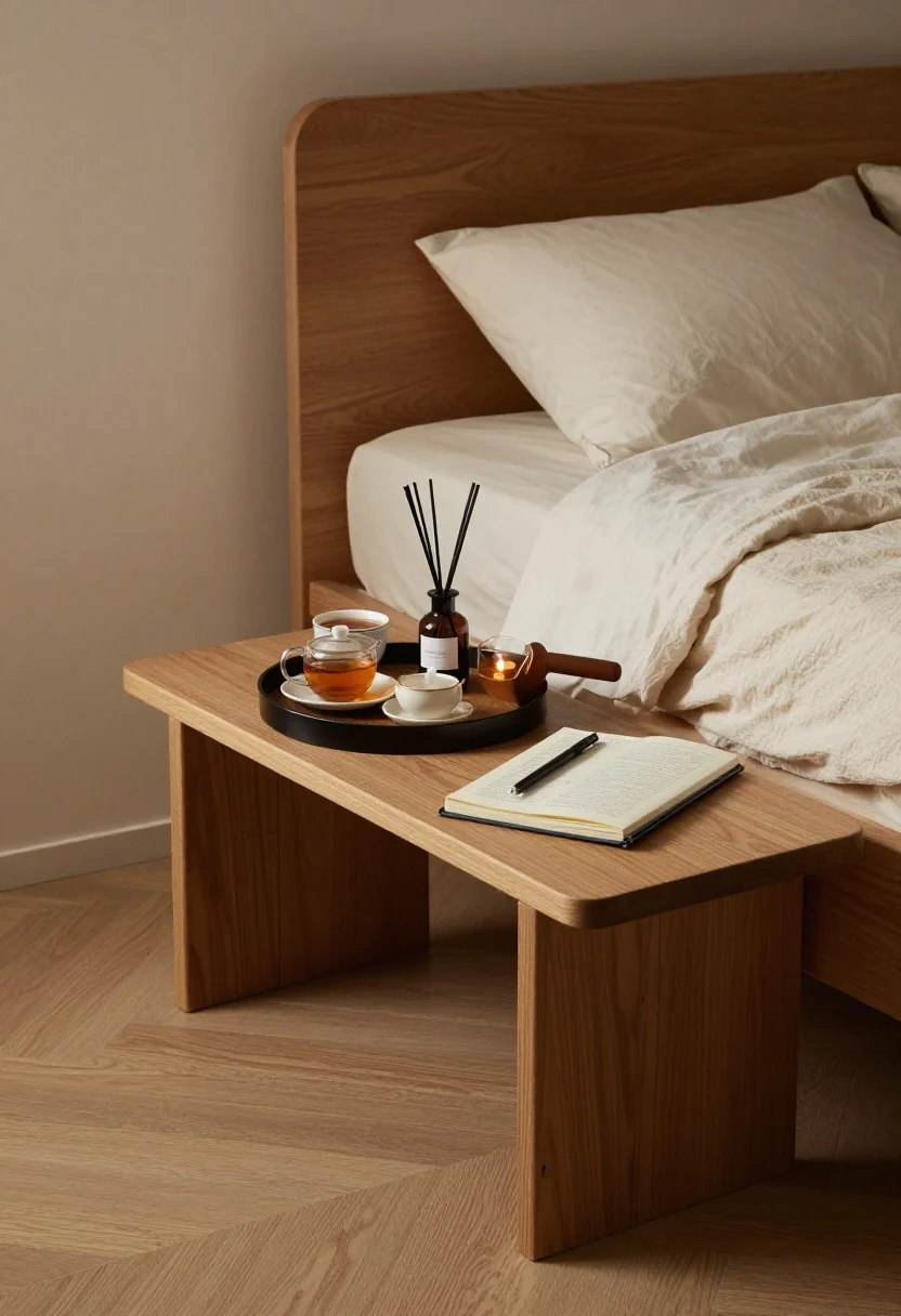 Photorealistic medium shot of a compact bedroom ritual zone: a slim bench at the foot of the bed (or sturdy stool) for a morning perch, and a tray on the nightstand holding tea supplies, a journal, and a soft pen within easy reach; a single signature scent visible—candle or reed diffuser or pillow spray; calm, personal atmosphere with warm dimmable light, uncluttered surfaces, no people.