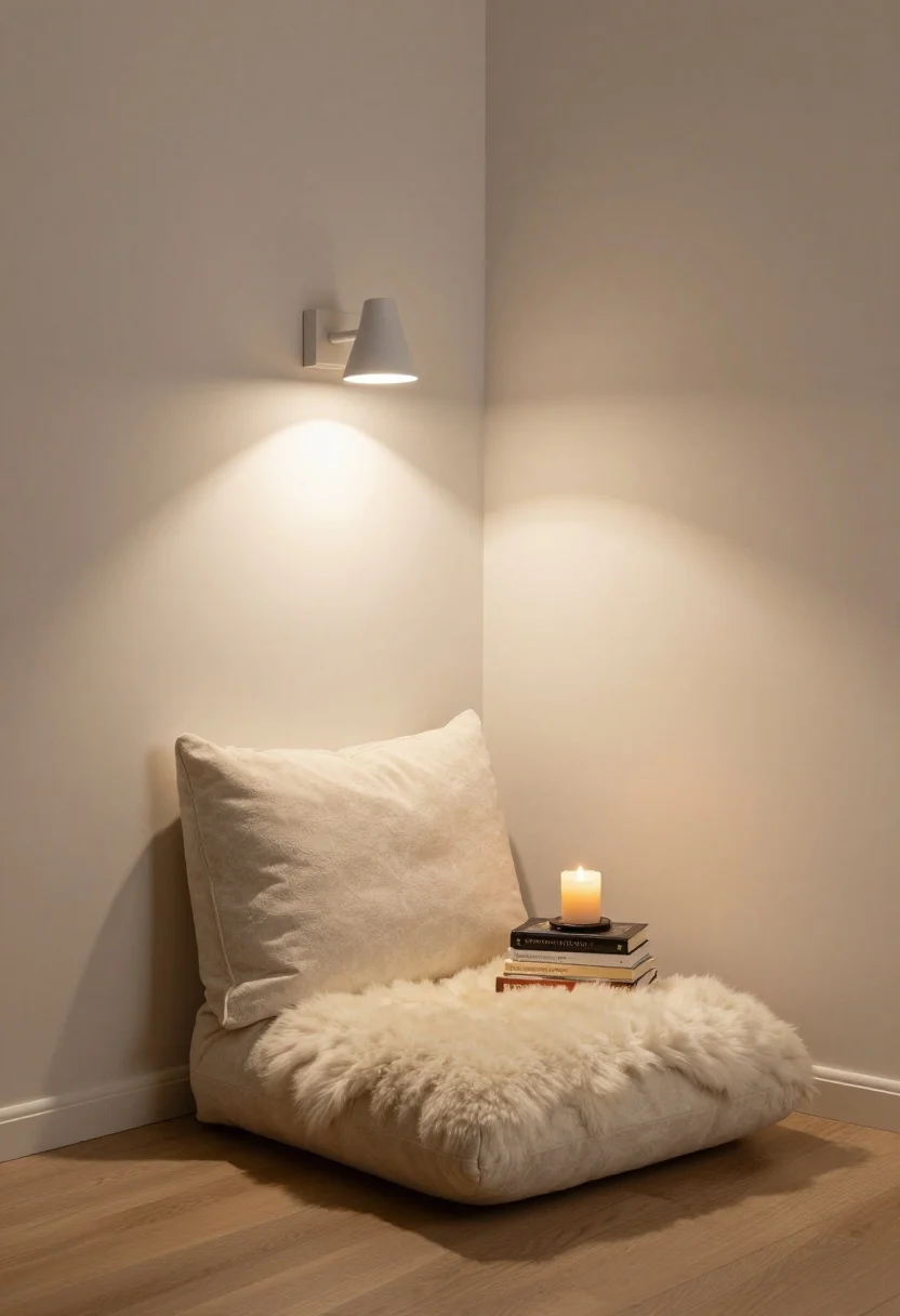 Photorealistic medium shot of a micro reading nook along a 24-inch wall: a narrow slipper chair (or cushy floor cushion with a supportive backrest pillow), a tiny sheepskin or small accent rug anchoring the spot, and a plug-in sconce mounted above and to the side for layered, shadow-soft reading light; a short stack of coffee table books with a candle on top acting as a side table; cozy, warm ambiance, no people.