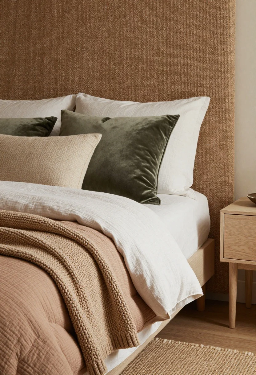 Photorealistic medium shot of a small apartment bedroom corner focused on layered textures: linen sheets in warm white, a putty-colored quilt or matelassé coverlet, and a chunky knit throw draped at the foot of the bed; velvet pillows in muted moss against a linen duvet, boucle accent pillow, smooth light-oak nightstand, jute area rug with a plush runner layered on top; a textile headboard or woven wall hanging behind the bed to soften acoustics; soft, diffused warm lighting, low contrast palette, no people.