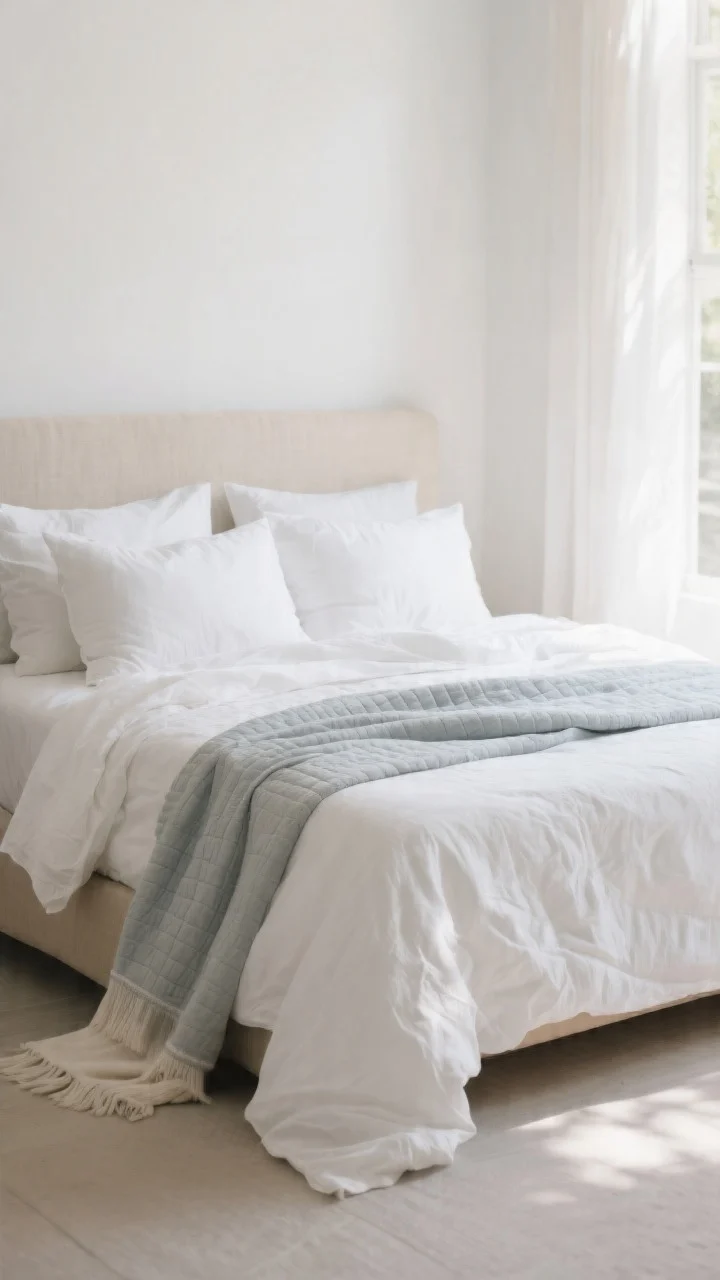 Photorealistic medium shot of a summer-ready bed with breathable layers: white linen duvet cover with a relaxed, rumpled texture, cool 300–400 thread count percale sheets peeking out, and a lightweight quilt in sea salt gray folded down by a third; fluffed pillows and a soft throw casually placed at the foot; neutral palette of white, oatmeal, and pale gray; morning natural light streaming in, crisp and airy vibe, no people.