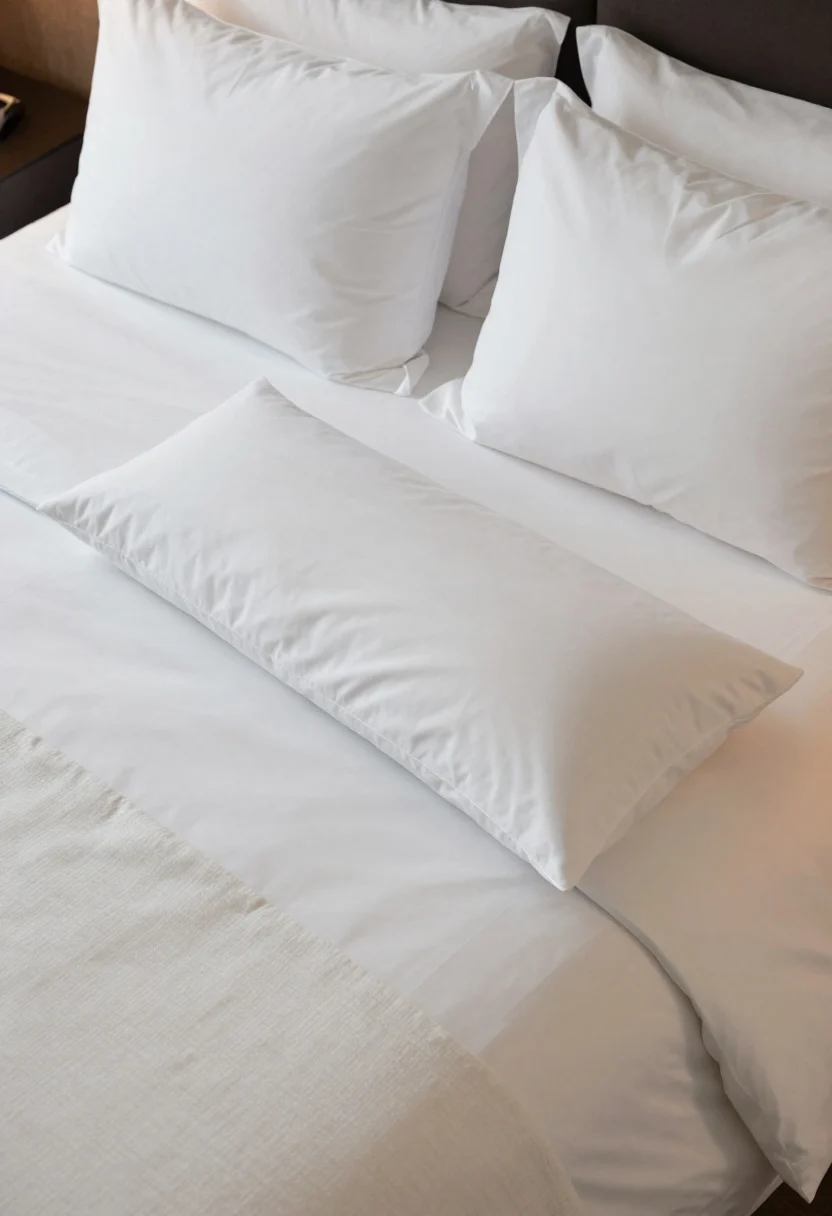 Photorealistic overhead closeup of a perfected bedscape using hotel tricks: breathable percale (crisp) or sateen (silky) white sheets, a lightweight quilt neatly smoothed, a lofty duvet folded one-third down the bed, two sleeping pillows, two euro pillows for height, and one long lumbar pillow centered; a textured throw draped at the foot; fabrics look freshly steamed; soft, warm bedside lighting, no people.