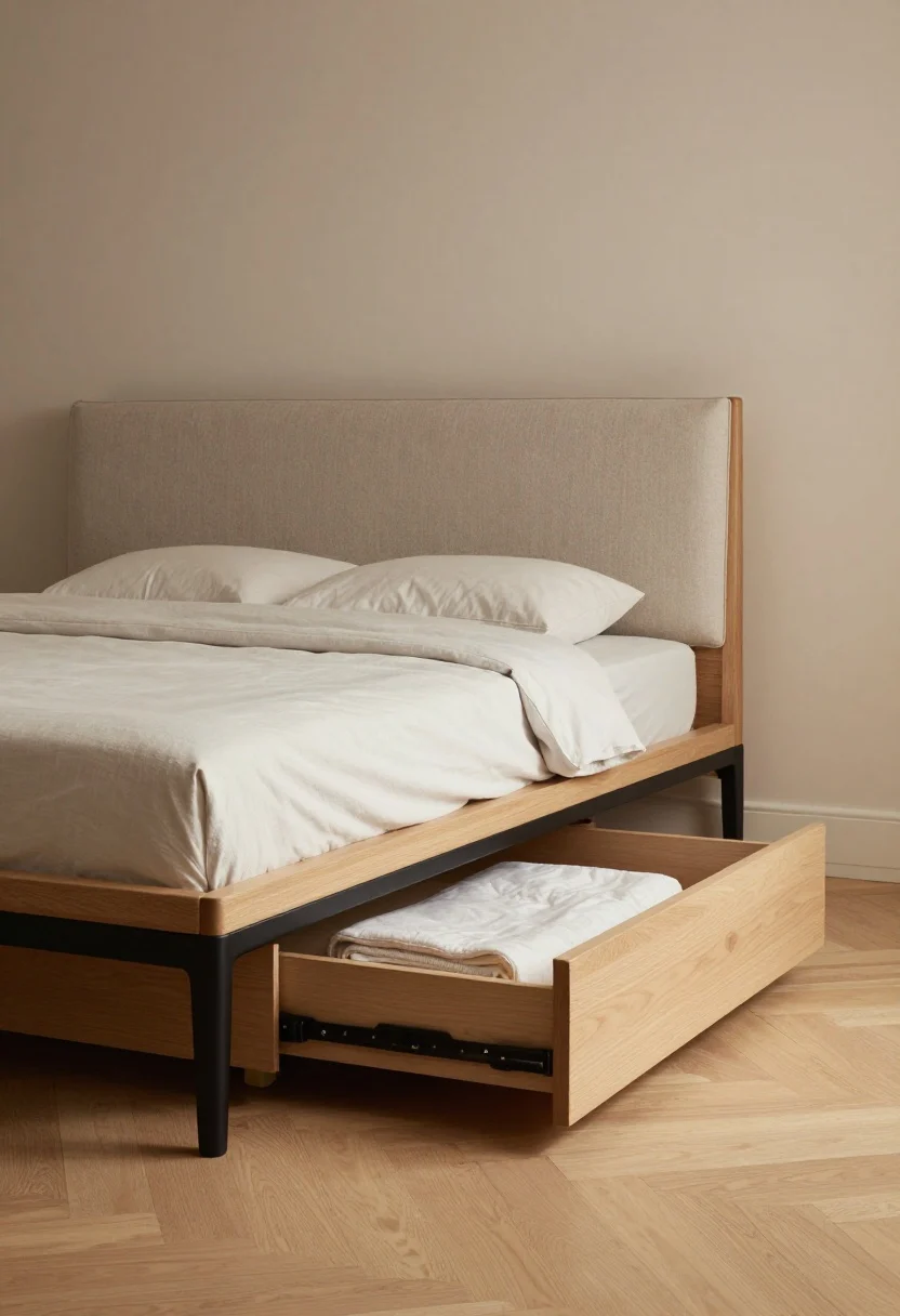Photorealistic side-angle medium shot of a downsized bed frame in a tight bedroom: slim-profile light wood or matte black metal frame with a narrow upholstered fabric headboard; low platform height to make ceilings feel taller; built-in storage drawers at the base slightly open showing neatly folded linens; uncluttered perimeter, airy feel, soft warm ambient light, no people.