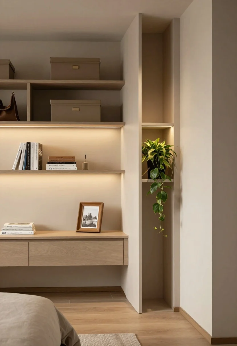 Photorealistic straight-on medium shot of vertical storage in a small bedroom: a shallow floating shelf (under 8 inches deep) installed above the headboard holding a few books, a small framed photo, and a trailing plant; narrow wall-mounted picture ledges acting as minimalist nightstands with just essentials; behind-the-door rail + shelf unit with neatly hung bags and hats; matching storage boxes on an upper shelf to unify visual noise; warm, soft lighting and tidy styling, no people.