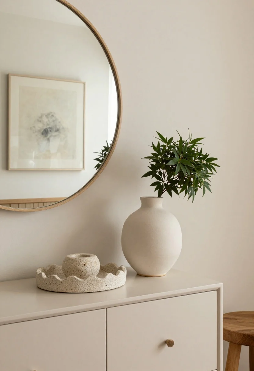 Photorealistic styled vignette detail of artful, soft-focus decor: a round mirror above a low dresser, a scalloped or wavy-edge tray with a stone catchall, a matte ceramic vase, and a small wood stool with a low-maintenance plant; include one medium-sized framed artwork on the wall rather than multiple small pieces; materials like frosted glass and boucle visible; soft, diffused warm light, rounded forms softening lines, no people.