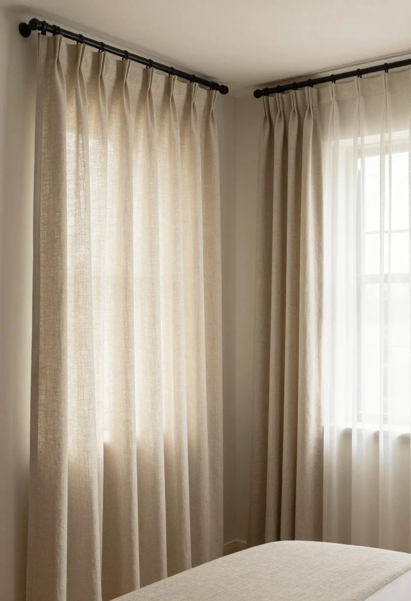 Photorealistic wide shot focused on styled windows as the room’s artwork: curtain rod mounted high near the ceiling and extended past the frame to fake height and width; layered treatments with blackout roller shades tucked inside and soft linen or linen-blend curtain panels in the same color family as the walls; gentle daylight filtering through, fabric texture visible, serene hotel-room vibe, no people.