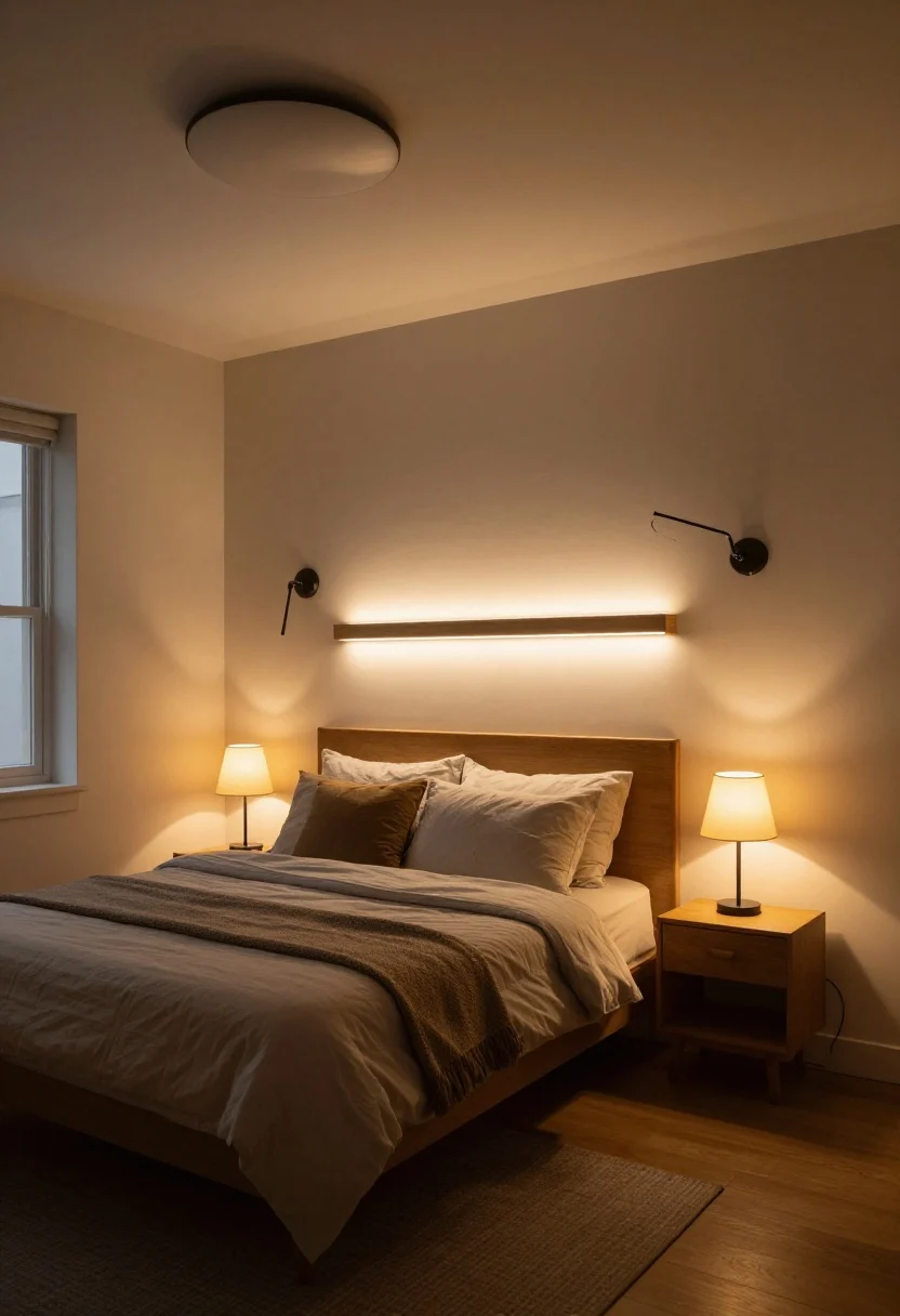 Photorealistic wide shot of a compact bedroom at dusk showcasing a warm lighting stack: fabric-shaded semi-flush mount ceiling fixture for ambient glow, wall-mounted plug-in swing-arm sconces over each side of the bed for task lighting, and a petite table lamp on a nightstand plus an LED strip under a floating shelf for accent light; bulbs at 2700K–3000K, all dimmed; cords neatly managed; cozy golden-hour mood, neutral walls, no overhead fluorescent light, no people.