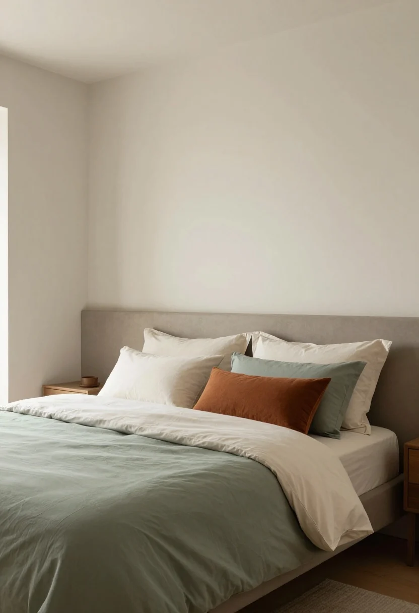 Photorealistic wide shot of a serene bedroom illustrating a soothing color story: low-contrast palette with warm white/greige walls, cream and camel layered bedding; include a single accent like a rust-colored lumbar pillow; matte finishes throughout, subtle patterns only; or alternatively portray a moody cocoon setup with deep sage walls and tone-on-tone bedding in sage variants; soft warm lighting, minimal glare, calm atmosphere, no people.
