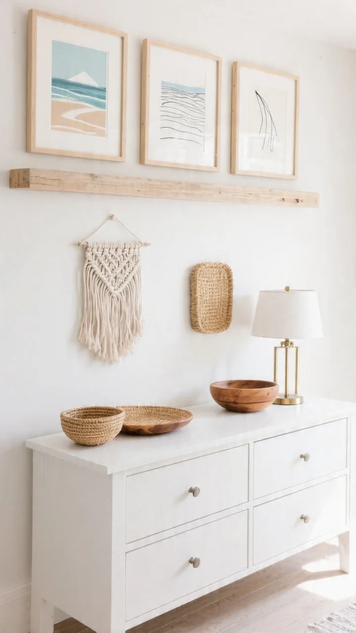 Straight-on medium shot of refreshed art and accents with coastal-casual energy: a gallery ledge above a dresser displaying beachy abstract prints and minimal line drawings in light wood frames; a small woven wall hanging adding soft dimension; bowls and trays in seagrass and mango wood styled on the dresser; hardware and lamp accents in brushed brass or matte nickel; bright, breezy daylight.