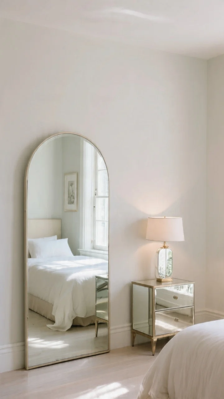 Straight-on view of a bright wall with an arched floor mirror placed across from a window to reflect daylight deeper into the room; a table lamp opposite another wall subtly reflected to amplify light; a nightstand with a slim mirror panel behind it for sparkle; optional antiqued mirror finish to soften glare; serene, luxe feel