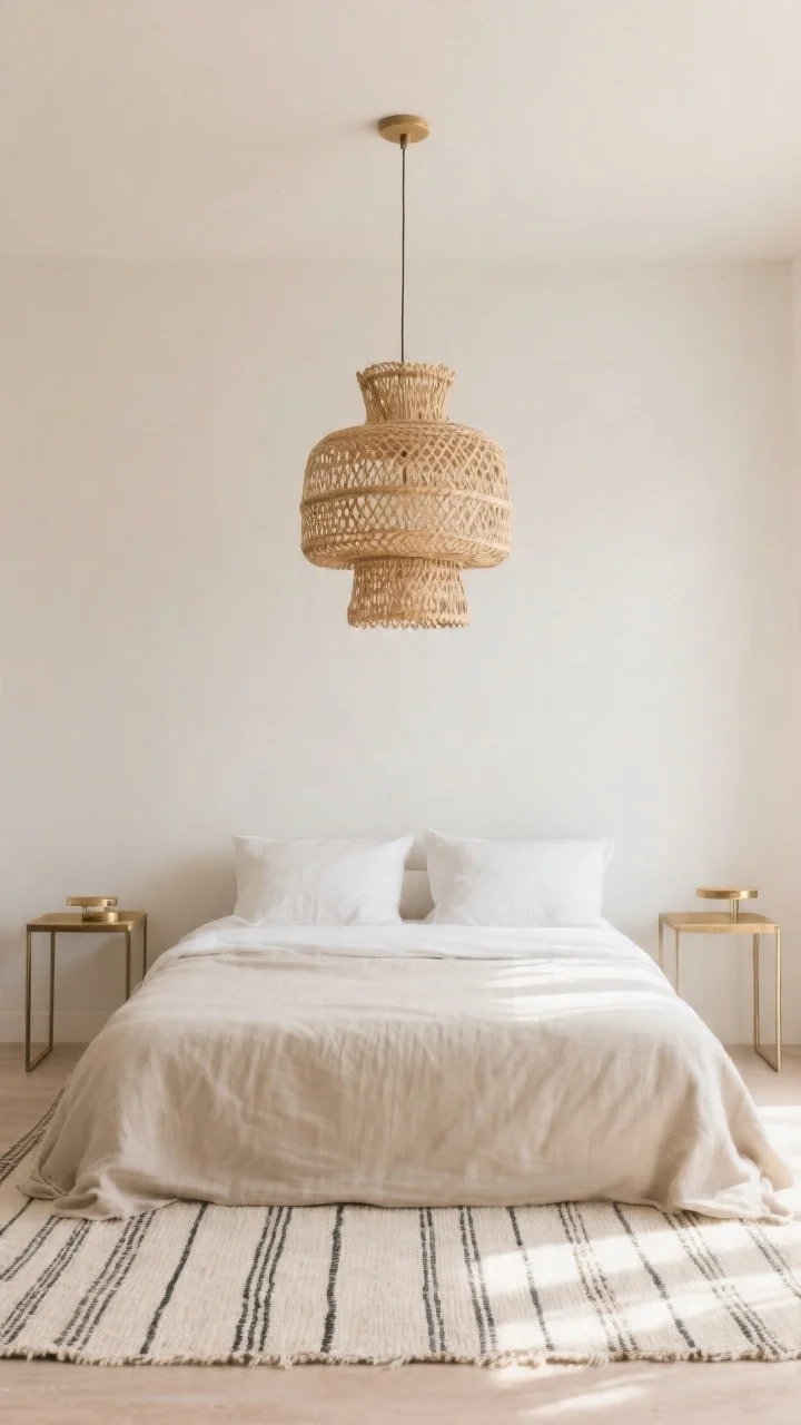Straight-on wide shot highlighting one summer statement piece: a woven pendant light with sculptural texture centered over a simple bed dressed in neutral linens; supporting elements kept minimal—light walls, pale kilim or handwoven cotton rug with subtle stripe, slim nightstands; metals in brushed brass; the pendant as the clear focal point with soft, natural daylight.