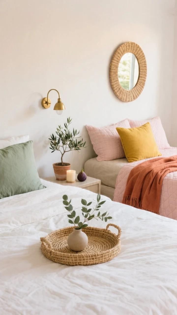 Trio-style vignette detail shot of mini styling recipes: Coastal Calm—white linen duvet, sage shams, a seagrass tray on the bed with eucalyptus stems in a small vase; Modern Mediterranean—oatmeal bedding, terracotta throw draped casually, a potted olive tree nearby, brass sconce on the wall; Soft Sunrise—blush quilt, butter-yellow pillow, round rattan mirror above, fig candle on the nightstand; photographed in consistent soft morning light, no people.