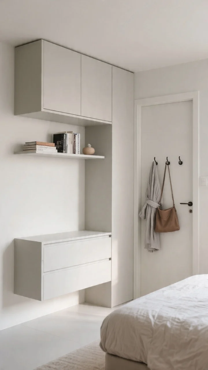 Vertical, medium shot of space-saving storage: a tall narrow dresser with clean lines, wall-mounted shelves floating above clear floor space, a slim cabinet over the bed styled lightly with a few books and a small object; door-back hooks holding a robe and bag; anything above eye level closed for calm; soft daylight, minimal clutter