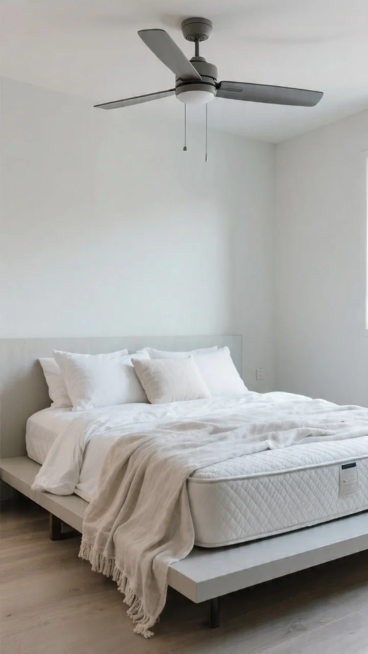 Wide bedscape focused on cooling comfort: breathable linen duvet lightly draped, a gauzy light blanket folded at the foot, pillows with down-alternative or shredded latex inserts for loft and airflow; a sleek, quiet ceiling fan centered above the bed; visible breathable mattress topper edge if possible; platform frame allowing airflow beneath; cool, restful atmosphere with soft, even lighting.