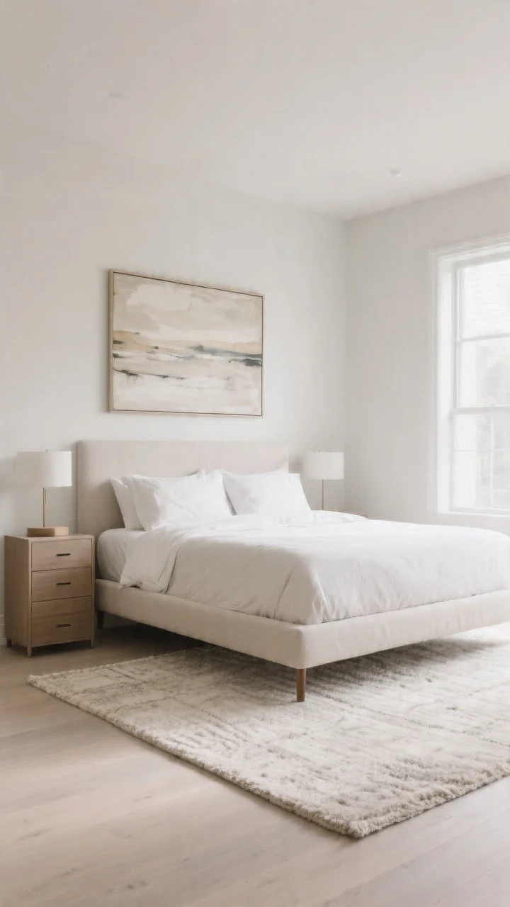 Wide, edited room scene featuring fewer but larger pieces: an 8x10 light textured rug under a queen bed, one oversized art piece above the bed, a tall slim nightstand with drawers; generous negative space and uncluttered corners; calm palette and natural daylight; everything scaled up for visual clarity