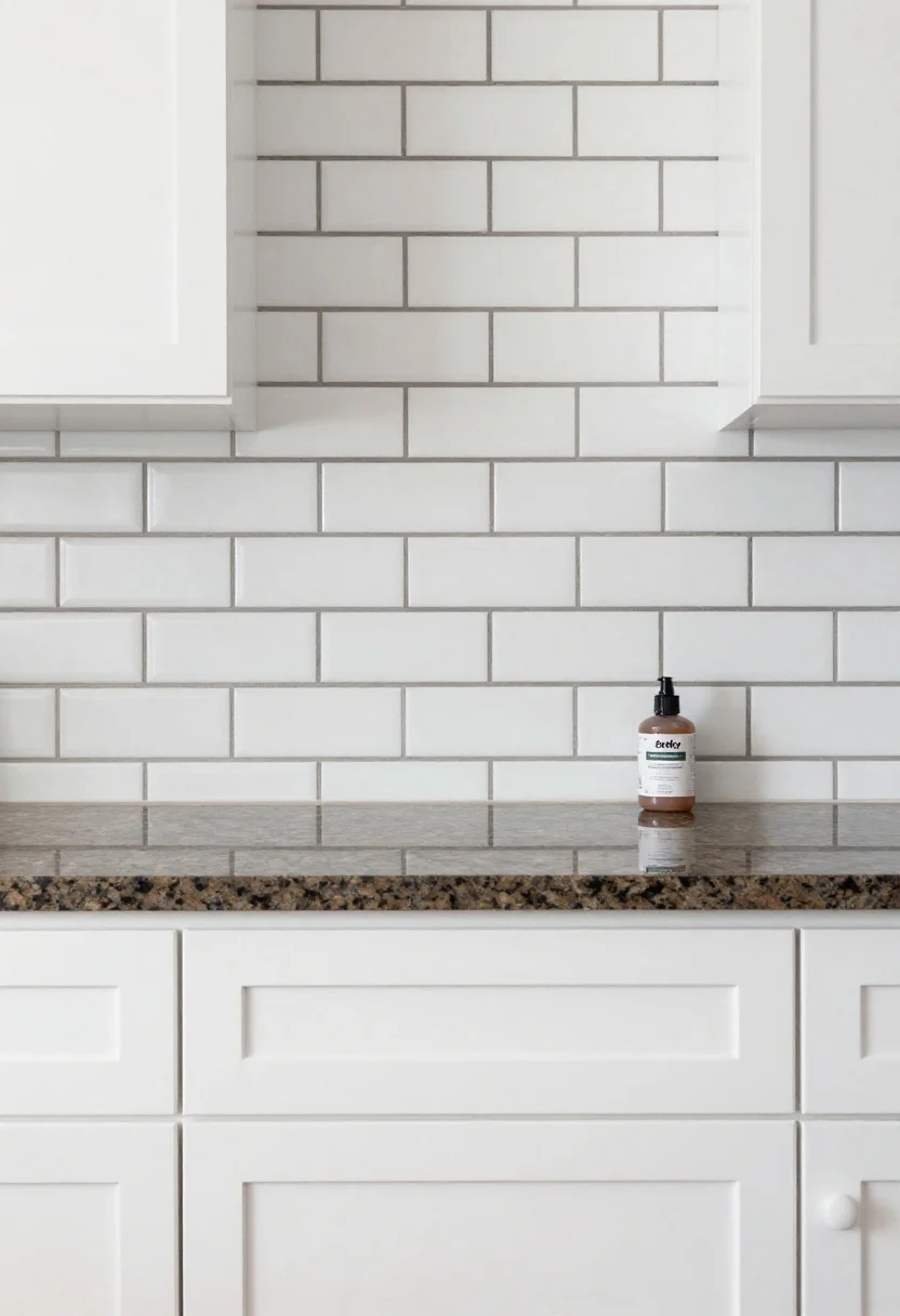 Wide kitchen view with satiny white 3x12 subway tiles installed in a stacked horizontal layout, contrasted by dark charcoal/espresso grout lines for a bold graphic grid. Fantasy Brown granite counters anchor the scene, flanked by white or cream shaker cabinets. The finish is satin/matte to avoid glare, and an epoxy grout bottle sits discreetly on the counter. The mood is fresh and clean, with evenly diffused under-cabinet lighting accentuating the grout contrast.