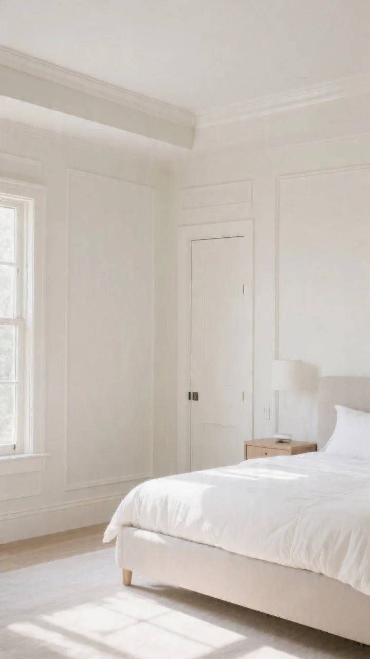 Wide, photorealistic bedroom shot showcasing “color drenching” in a warm soft white with subtle greige undertone (think Swiss Coffee/Chantilly Lace/Pale Oak vibes) on both walls and ceiling; trim and doors in semi-gloss for gentle shine; minimal furnishings painted in the same barely-there greige to erase lines; bright but cozy daytime natural light bouncing around; no harsh contrasts; calm, airy mood