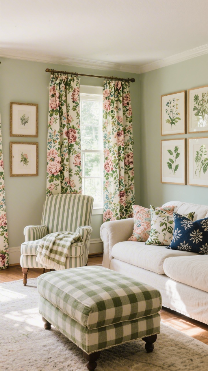 Wide shot: A cozy living room showcasing fearless pattern mixing—big-scale floral drapery in chintz, medium ticking stripe armchair, small gingham throw blanket, and patterned pillows on a neutral linen sofa. A cohesive 3–4 color palette of sage green, dusty rose, cream, and soft navy repeats across fabrics and framed art. Patterns are distributed throughout: floral curtains, striped ottoman, checked throw, and a botanical print gallery piece. Natural afternoon light, warm and inviting, no overhead glare; straight-on perspective for a balanced, curated-not-chaotic feel.