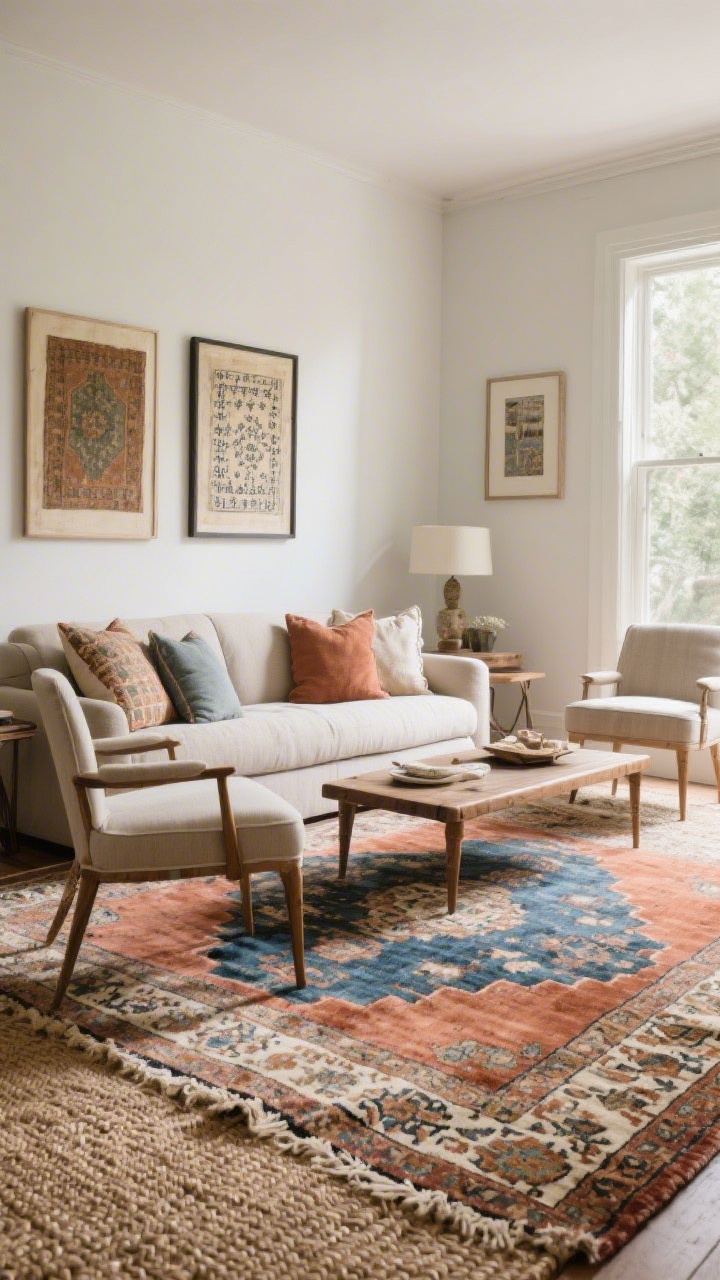 Wide shot: A living room grounded by a vintage-look Persian rug in muted terracotta, indigo, and cream, layered over a chunky natural jute for texture. Front legs of the sofa and chairs sit on the top rug for unity. Pillows and wall art pull 2–3 of the rug’s colors to tie the palette together. Worn Turkish and English needlepoint vibes in the patterning feel collected and cozy. Daylight fills the room; low-angle corner perspective to emphasize rug scale and layering.