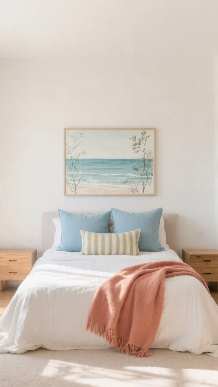 Wide shot of a serene bedroom showcasing a sun-kissed color palette: neutral base (warm white walls, light oak nightstands) layered with coastal blues, sandy neutrals, and a touch of sage; two soft blue Euro shams behind standard pillows and a long lumbar pillow in a sandy stripe; a muted coral cotton throw draped at the foot; a single oversized art print above the bed with ocean tones and botanical sketches; soft daylight, calm, cohesive color story.