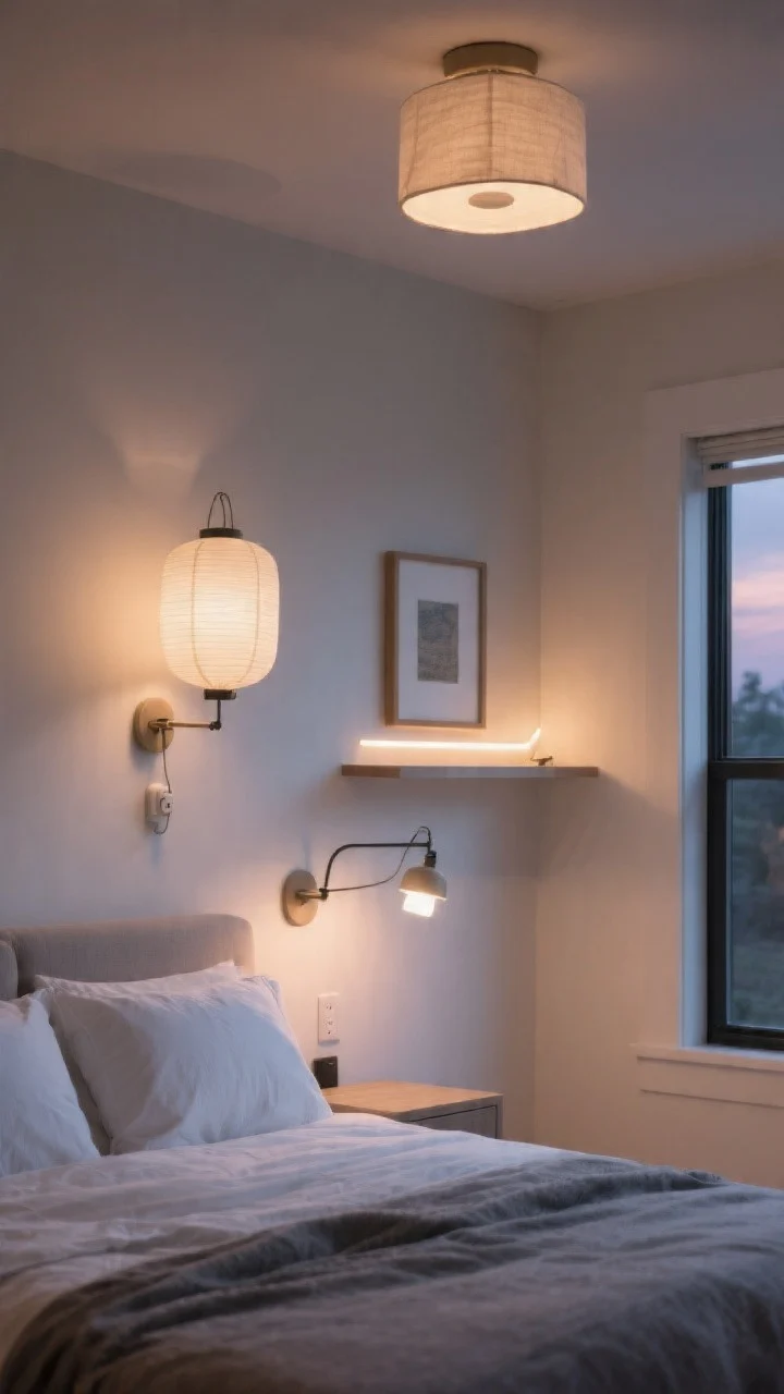 Wide shot of layered bedroom lighting at dusk: ambient light from a linen-shaded flush mount or small paper lantern; wall-mounted plug-in swing-arm sconces over the bed for task lighting; a petite picture light above a small framed piece and an LED strip tucked under a floating shelf for accent; all bulbs warm white 2700–3000K; gentle, airy glow