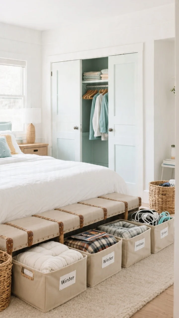 Wide shot of seasonal storage solutions in a bright bedroom: under-bed bins partially pulled out and labeled for winter duvets and flannel sheets; woven baskets neatly holding spare throws, magazines, and tech cords; a trunk bench at the foot of the bed serving as seating and storage; closet door ajar revealing matching hangers and a color-coordinated wardrobe; tidy, breathable summer vibe.