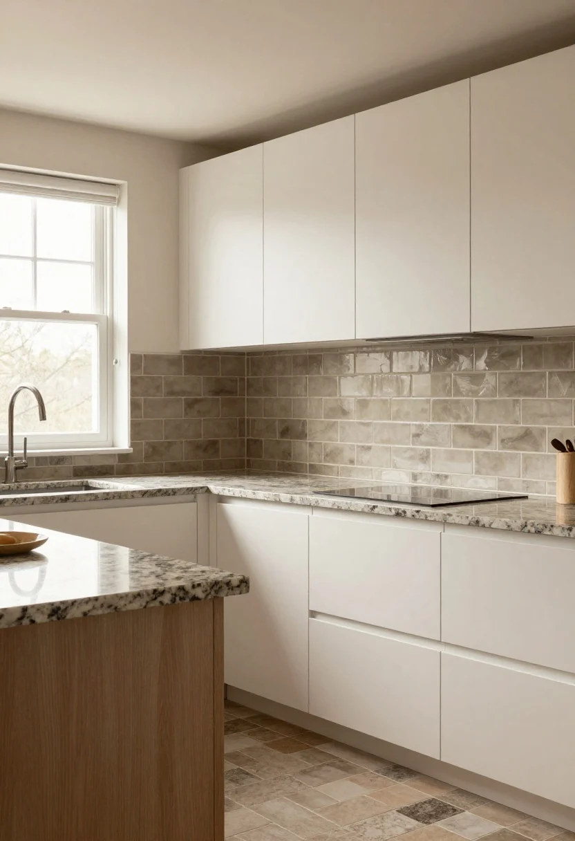 Wide straight-on shot of a modern kitchen featuring Fantasy Brown granite countertops paired with warm greige matte ceramic subway tiles in a 50% brick pattern. Grout is closely color-matched for a seamless look, with an alternate section showing slightly darker grout to subtly outline the tiles. Soft daylight from a nearby window illuminates the tones of taupe, cream, and gray in the granite. Include edge trim pieces, warm white cabinetry, and understated hardware; avoid gloss to keep the calm, cohesive, polished mood.