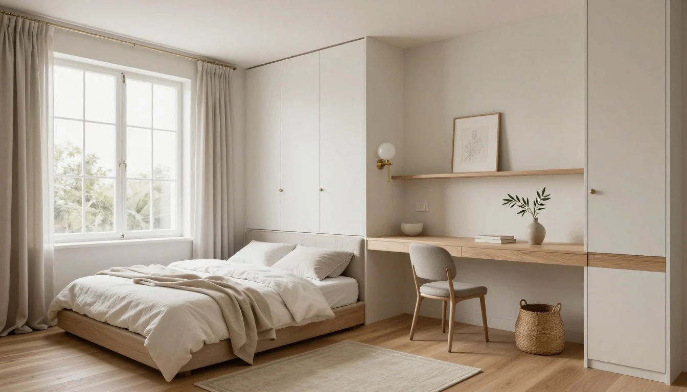 Light and airy small bedroom with a low linen-upholstered platform bed, sheer oyster linen curtains, limed oak floors, and a slim wall-hung desk beneath a bright window, styled in warm whites and natural textures.