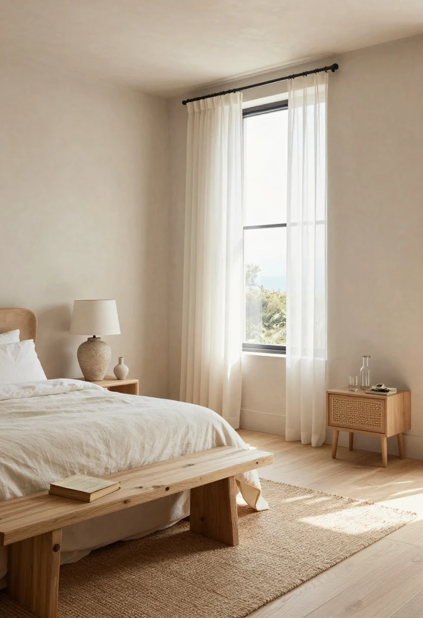 Neutral coastal bedroom with pale oak bed, chalk-white linen bedding, gauzy voile curtains, jute rug, and a textured plaster lamp.