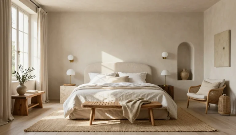 Neutral summer bedroom with a linen-upholstered platform bed, limewashed ivory walls, white-oak floors, sheer flax curtains, jute rug, and warm brass lighting in soft natural daylight.