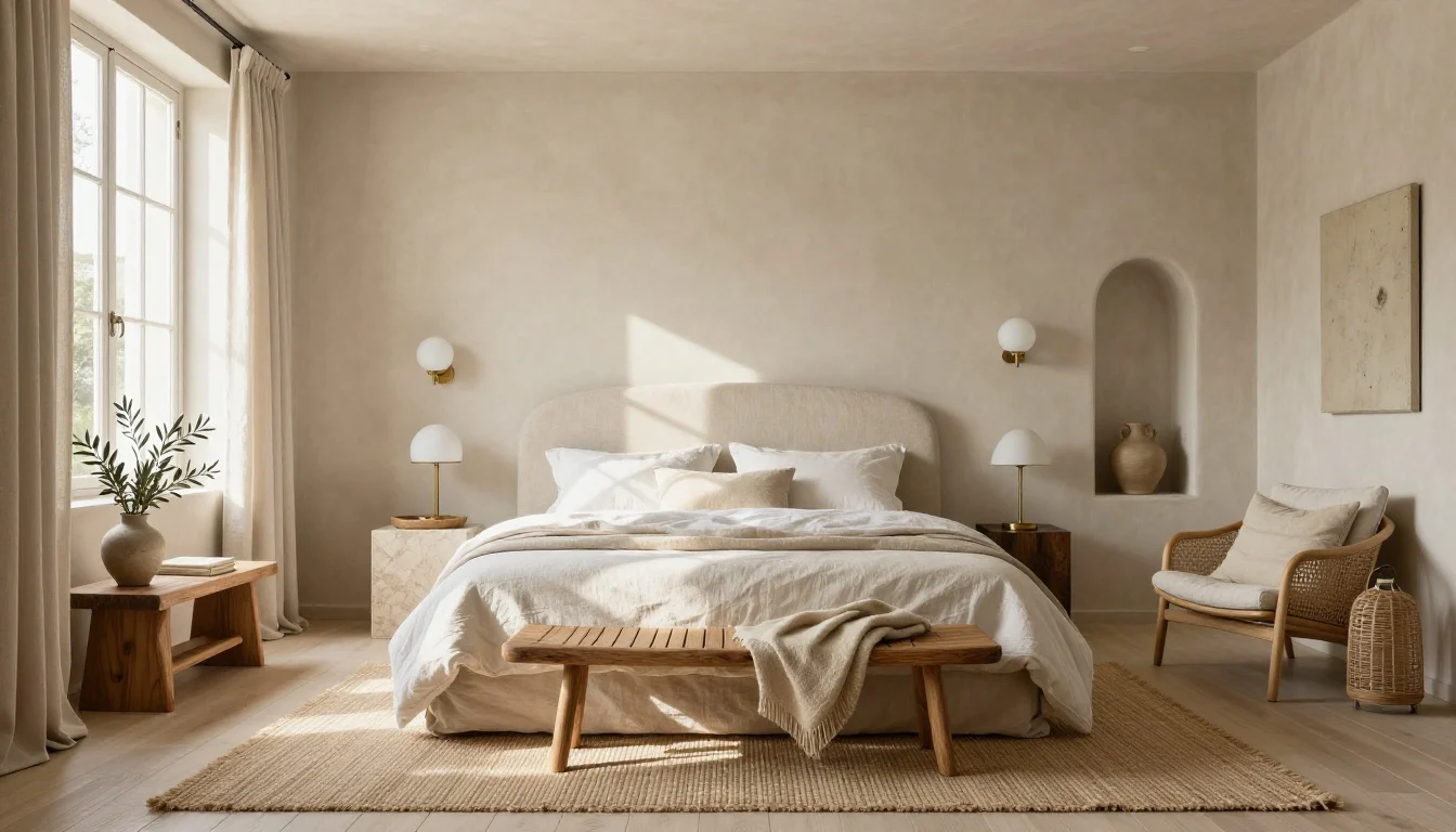 Neutral summer bedroom with a linen-upholstered platform bed, limewashed ivory walls, white-oak floors, sheer flax curtains, jute rug, and warm brass lighting in soft natural daylight.
