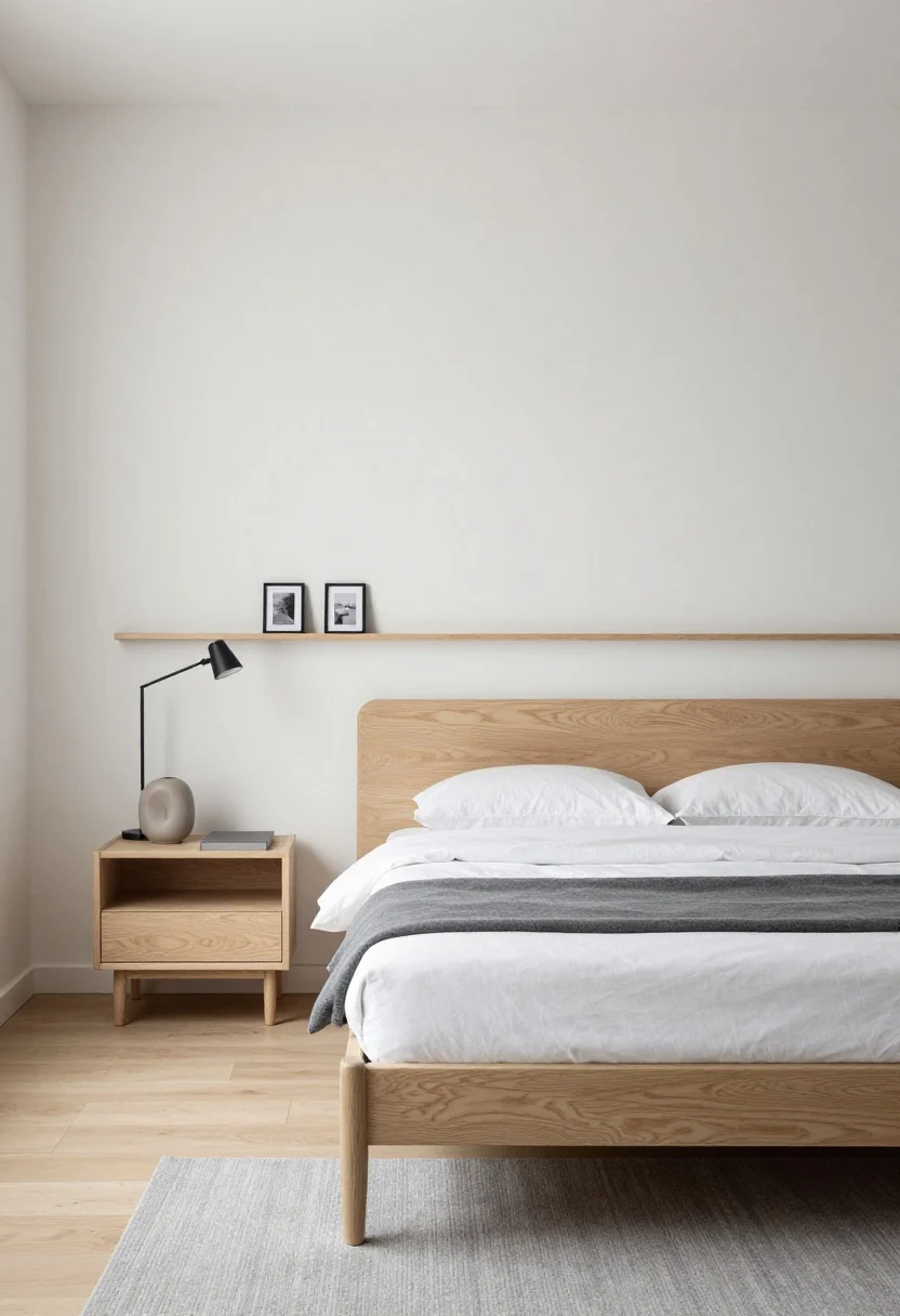 Minimal Nordic bedroom with pale ash bed, white pinstripe bedding, a charcoal throw, slim black reading light, and a fog-gray flatweave rug.